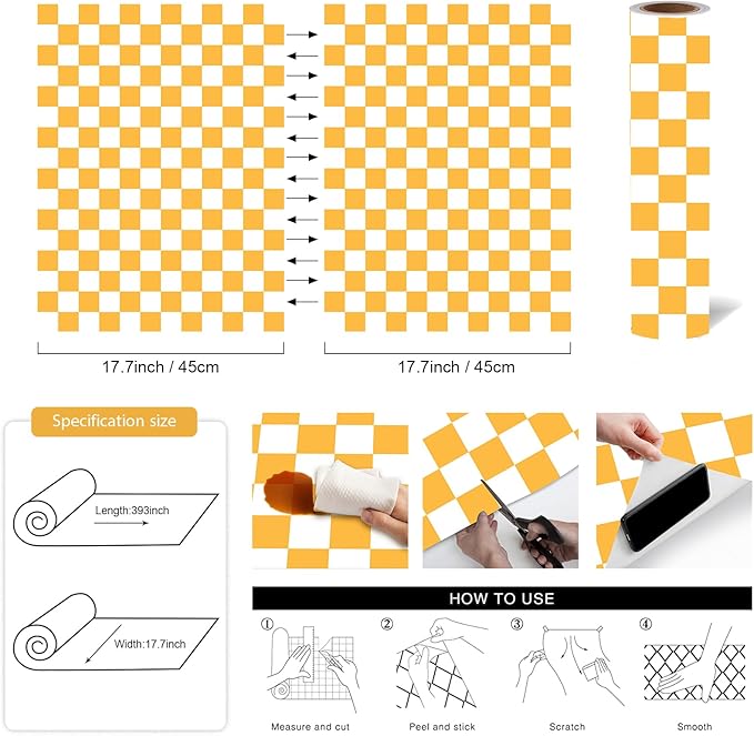 Modern Peel and Stick Wallpaper Orange and White Mosaic Checkered Contact Paper 17.7