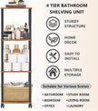 Bathroom Shelving Unit with Wheels, 4-Tier Narrow Open Floor Shelves, Metal Corner Slim Storage Rack for Bathroom Laundry Room Kitchen Living Room, Rustic Brown