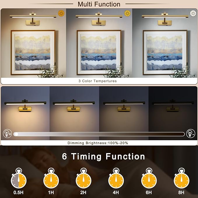Wireless Picture Lights for Wall Battery Operated Brass Art Light for Paintings with Remote 3CCT Dimmable Potrait Lighting Rotatable Display Lighting 16