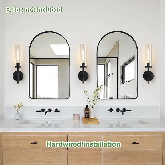 Wall Sconces Set of Two, Matte Black Bathroom Sconces with Clear Glass, Hardwired Sconces Wall Decor Set of 2, Modern Wall Light Fixtures for Bathroom Mirror Living Room Bedroom Hallway