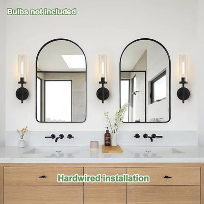 Wall Sconces Set of Two, Matte Black Bathroom Sconces with Clear Glass, Hardwired Sconces Wall Decor Set of 2, Modern Wall Light Fixtures for Bathroom Mirror Living Room Bedroom Hallway