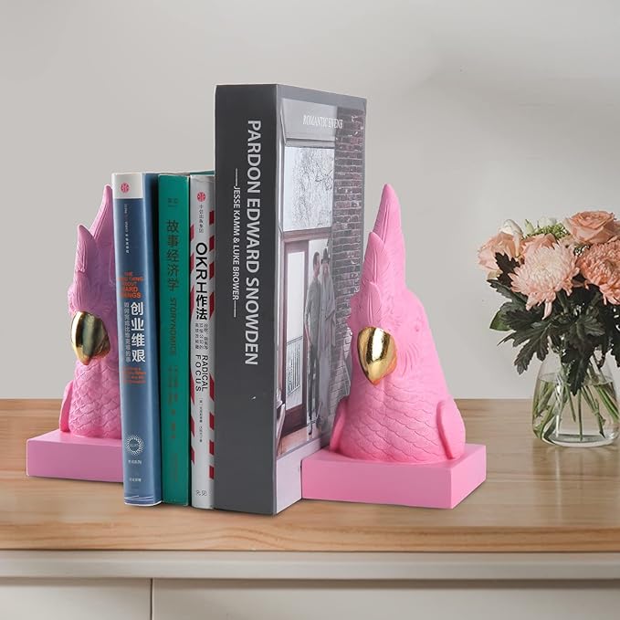 Pink Parrot Decorative Bookends,Set of 2 Cute Bird Animal Sculpture Book Ends to Hold Hevay Duty Books,Unique Resin Statues Book Stopper for Home Office Desk Bookshelf Decor