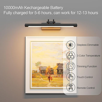 Cordless Picture Light with Remote, Battery Operated Wall Sconce for Artwork, 3 Colors Painting Light Dimmable and Timer, Wireless Art Light for Display (Black)