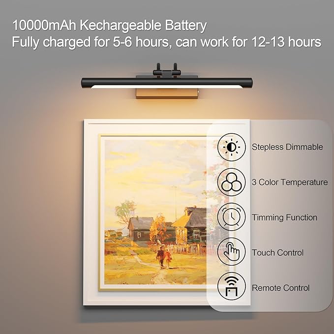 Cordless Picture Light with Remote, Battery Operated Wall Sconce for Artwork, 3 Colors Painting Light Dimmable and Timer, Wireless Art Light for Display (Black)