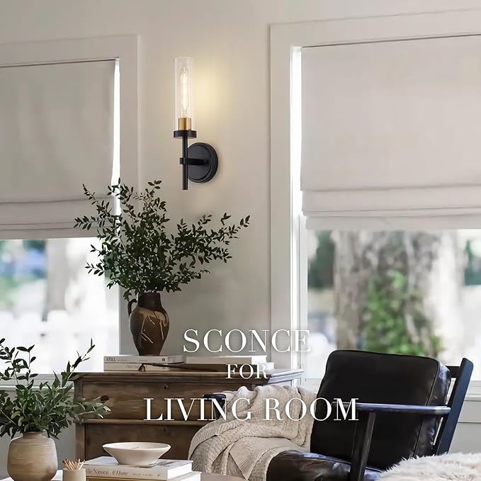 Black and Gold Hardwired Wall Sconces Set of 2, Modern Bathroom Vanity Sconces Wall Lighting with Clear Glass Shade, Farmhouse Wall Mount Lights for Mirror Bedroom Living Room Hallway Kitchen