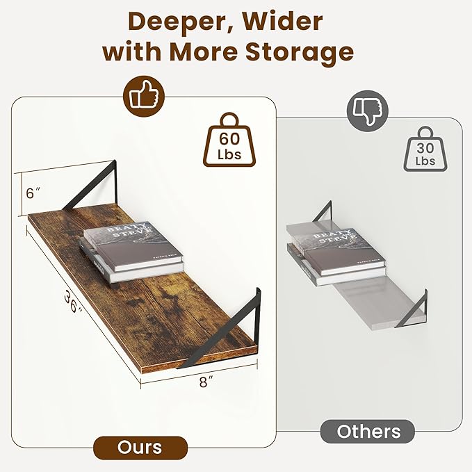 Deep Floating Shelves for Wall,36Wx8D Wall Mounted Shelves Set of 2,Wall Storage Floating Shelf with Sturdy Metal Brackets for Living Room,Bathroom,Kitchen,Office,Rustic Brown