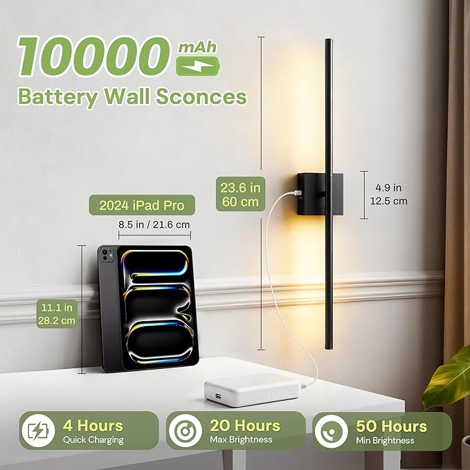 L LOHAS LED Battery Operated Wall Sconces Set of 2, Battery Wall Sconce 10000mAh, Black Rechargeable Sconces 3CCT, 28.1 Inch Wireless Wall Lights, Sconce Wall Decor for Bedroom, Living Room