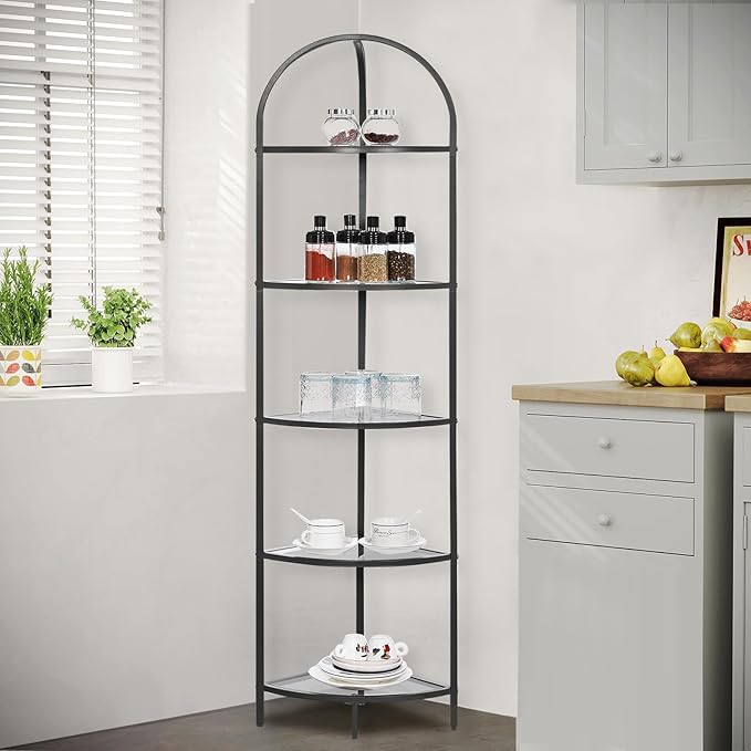 Homhedy 5-Tier Corner Shelf Stand, Metal Corner Bookshelf, Tempered Glass Shelves, Bathroom Storage Rack Shelf, Plant Stand, Modern Style, Black