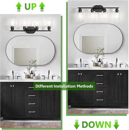 Ascher 4-Light Bathroom Light Fixtures, Modern Vanity Lights with Clear Glass Shade, Matte Black Wall Lamp for Bathroom Mirror Hallway Cabinet Porch