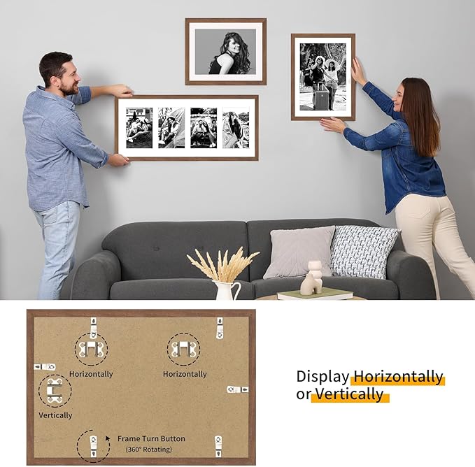 puthiac 9x12 Solid Oak Wood Picture Frame, Fits 6x8 with Mat or 9x12 Without Mat, Wall or Tabletop Display with Stand, Vertical or Horizontal, Plexi Front, 3 Pack, Walnut