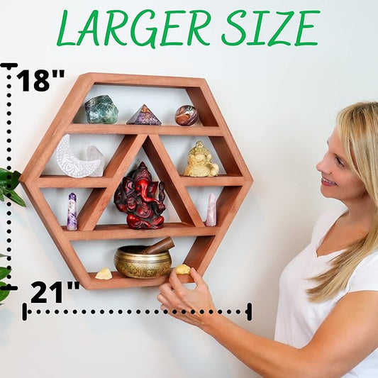 Hexagon Crystal Shelf Display - Large 21" Brown Geometric Altar Shelf for Crystals - Table or Hanging Wood Hexagon Floating Shelves -Boho Crystal Display Shelf & Essential Oils - Spiritual Decor Gifts