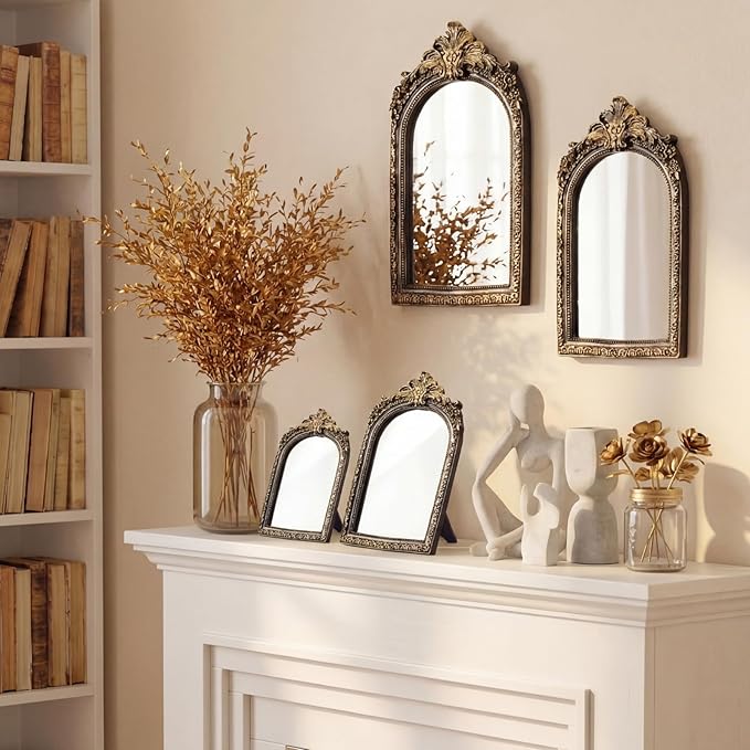 Thyle 4 Pcs Vintage Gold Antique Mirror Set Arch Retro Resin Baroque Decorative Makeup Mirror Square Hanging Wall Desk Tabletop Room Bedroom Bathroom Gallery (13x9 10x7 8x5 7x4) (Dark Color)