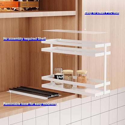 2 Pack Pull Out Spice Rack Organizer for Cabinet, 2 Tier Metal Slide Out Seasoning Organizer and Storage Heavy Duty Vertical Spice Rack Shelf Pullout for Kitchen Cabinets No Drilling (White)