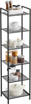 SONGMICS 6-Tier Storage Rack, Bathroom Shelf, Extendable Plant Stand with Adjustable Shelf, for Bathroom, Living Room, Balcony, Kitchen, Classic Black UBSC036B01