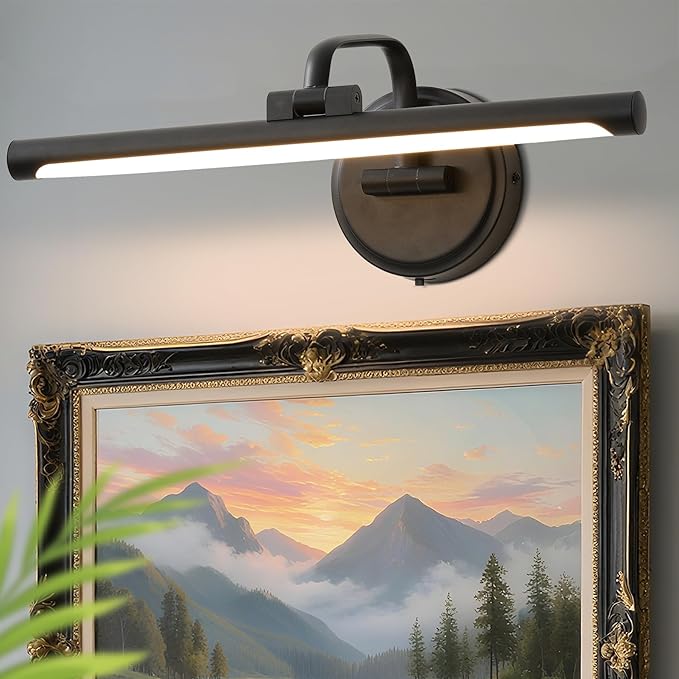 Hardwired Picture Light for Wall, 16 Inch Modern Brass Dimmable Frame Light with Adjustable Swing Arm, 3CCT LED Art Display Light for Paintings,120 Volts Gallery Wall Light, Hallway Vanity Light, 6W
