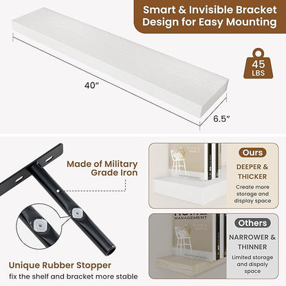 fuqing Floating Shelves for Wall, Wall Mounted Wood Floating Shelf with Invisible Brackets for Living Room, Bathroom, Bedroom, Kitchen Storage and Decor, 40 Inch Set of 2, White