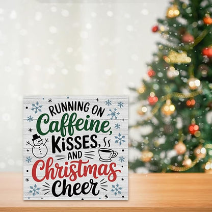 Christmas Coffee Decor Christmas Sign Coffee Bar Station Decorations for Home Running On Caffeine Kisses Sign for Home Office Desk Table Cubicle Shelf Xmas Desk Accessories 5 x 5 inch