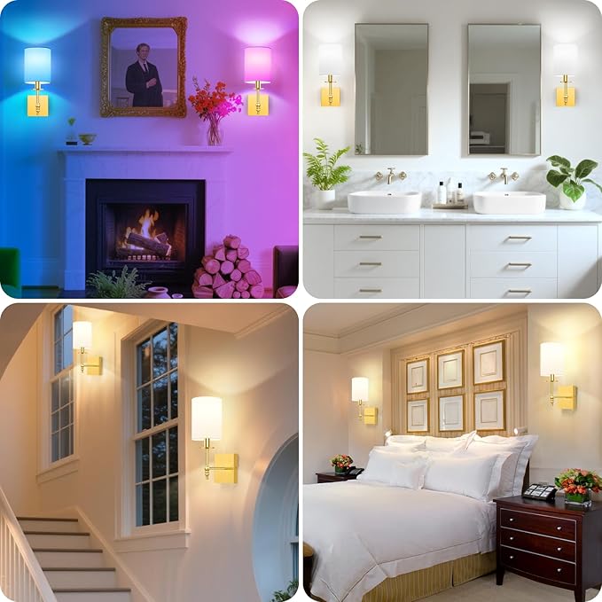 14.5 Inch Wall Sconces Battery Operated Set of 2, Rechargeable Wireless Wall Sconces Lights with Remote, Not Hardwired Dimmable Gold Wall Lamps with White Fabric Shade for Bedroom, 2 Bulbs Included