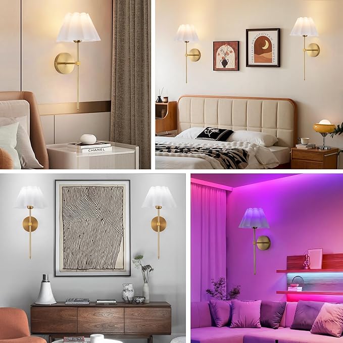 Battery Operated Wall Sconces Sets of 2, Indoor not Hardwired White Fabric lampshade Fixtures,Rechargeable Wireless 10 Colors Wall Lights with Dimmable Remote Control (20 inches)