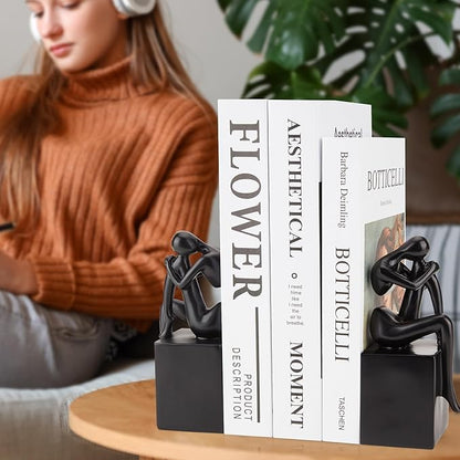 Black Book Ends Decorative, Girl Thinker Design, Modern Bookends for Shelves, Non-Skid Heavy Duty Resin Book Stopper for Books,Bookends with Base, Resin, 1Pair/2Piece