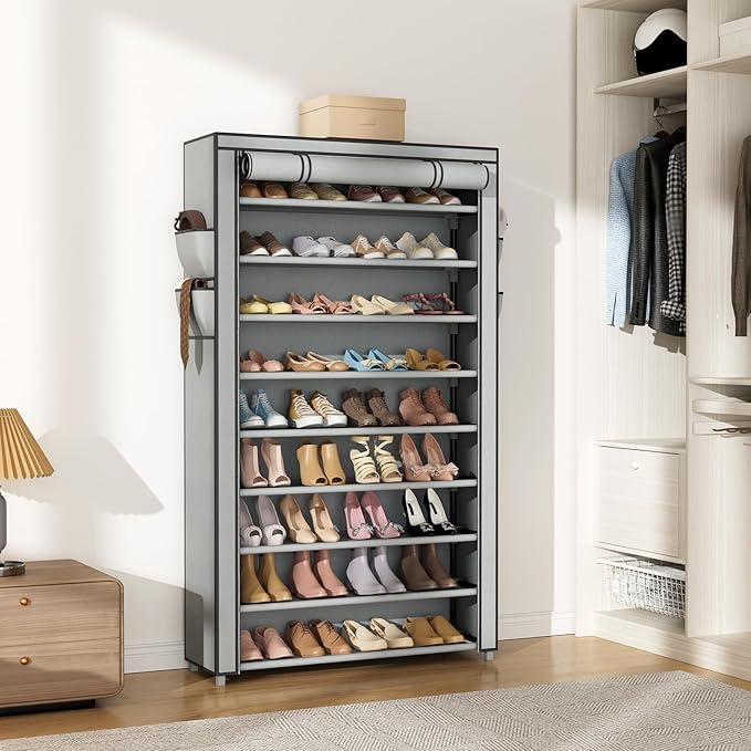 Shoe Rack with Cover Narrow Shoe Organizer with Pockets 10 Tier Tall Shoe Storage Holds 36-41 Pairs Shoes and Boots Shoe Rack for Closet Entryway Garage, Grey