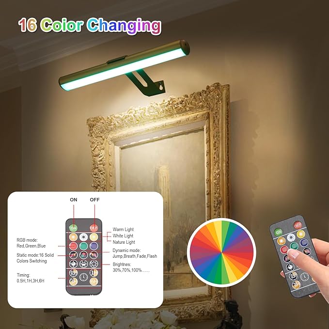 Picture Light, Battery Operated Picture Light with Remote, Rechargeable Picture Frame Light, 32 LED, 16 Color Changing, Art Light for Paintings for Display, Picture-Gold