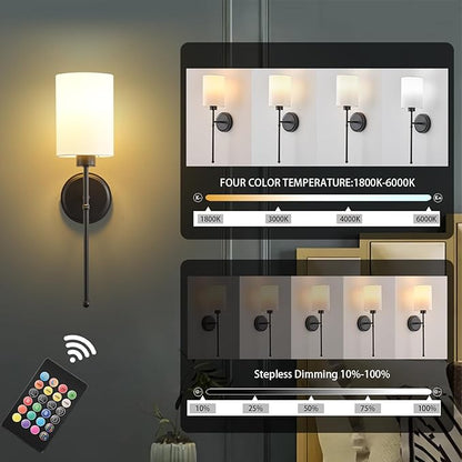 Battery Operated Wall Sconce Set of Two, Black Wireless Rechargeable Wall Light with Remote Control, Dimmable, Amber/Warm/Natural/Cool White,RGB, Battery Power Sconces for Living Room Bedroom