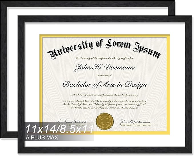 A PLUS MAX 11x14 Diploma Frame Display 8.5 x 11 Certificate with White & Gold Mat, Engineered Wood Document Frame with Black Wood Grain for Masters Associates Bachelor Degree - 2 Packs