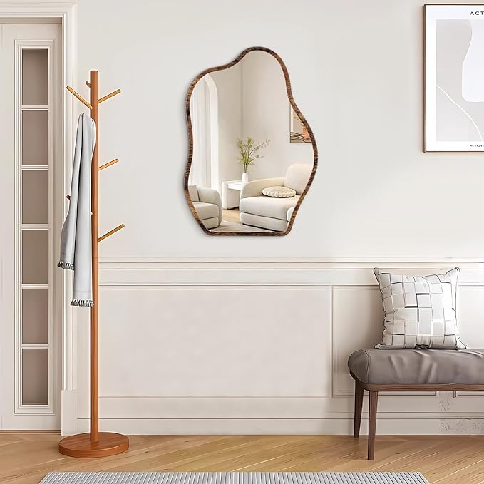 Irregular Mirror Wood Frame Modern Cloud Mirror Wall Unique Shape Asymmetrical Wall Vanity Artistic Mirrors Decor for Bedroom Living Room Bathroom Entryway Hallway Brown Large