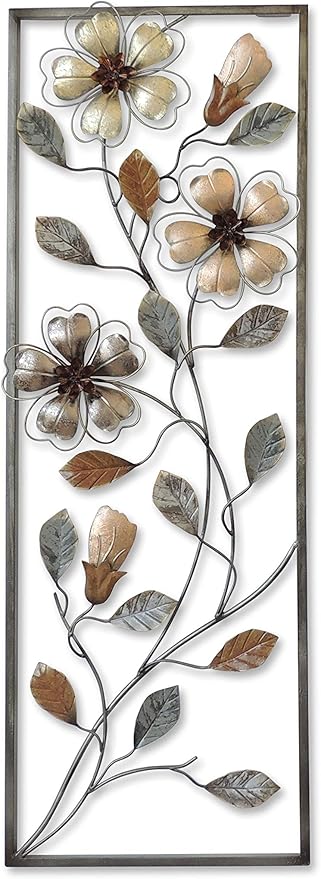New All American Collection Flower and Leaves Aluminum/Metal Wall Decor with Frame 12inx36in (Earth Colored Flowers), Living Room