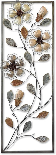 New All American Collection Flower and Leaves Aluminum/Metal Wall Decor with Frame 12inx36in (Earth Colored Flowers), Living Room