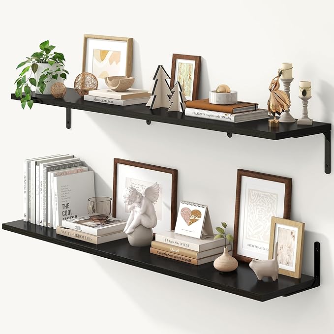 Fun Memories Deep Floating Shelves, 48W x 8D Floating Shelves Set of 2, Wall Mounted Shelf with Metal Brackets, Rustic Wood Wall Shelf for Bathroom, Kitchen and Living Room, Black