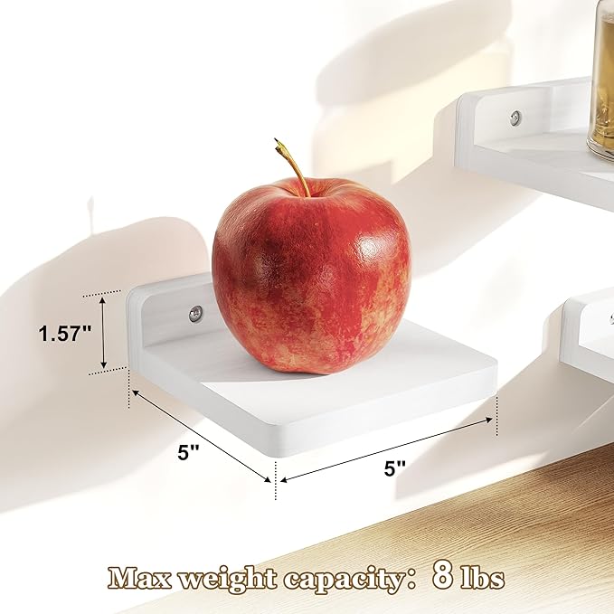 SRIWATANA Small Floating Shelves Wall Mounted, Wood Shelf for Decoration and Storage Set of 4, Mini Display Shelf for Bedroom, Bathroom, Kitchen, Office (White, 5 inch)