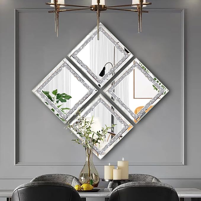 Meetart Crystal Crush Diamond Silver Mirror 12'' x 12'' 2PCS,Frameless Stylish Gorgeous Diamond Decor Glam Glass Mirror. for Bedroom Bathroom Hanging Mirror Home for Wall Decor.