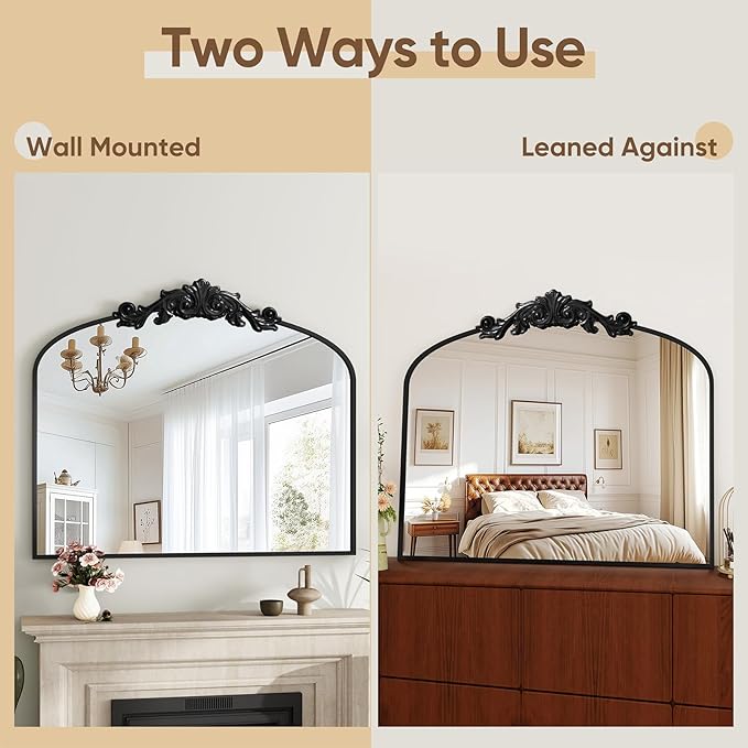 Vintage Wall Mirror, 30"x36" Arched Mirror for Vanity, Antique Decorative Mirrors with Carved Metal Frame for Bedroom, Living Room, Entryway, Fireplace, Hallway, Black