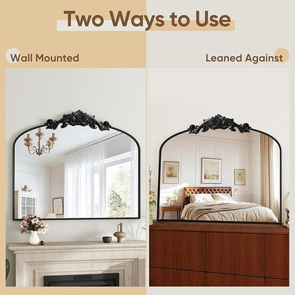Vintage Wall Mirror, 30"x36" Arched Mirror for Vanity, Antique Decorative Mirrors with Carved Metal Frame for Bedroom, Living Room, Entryway, Fireplace, Hallway, Black