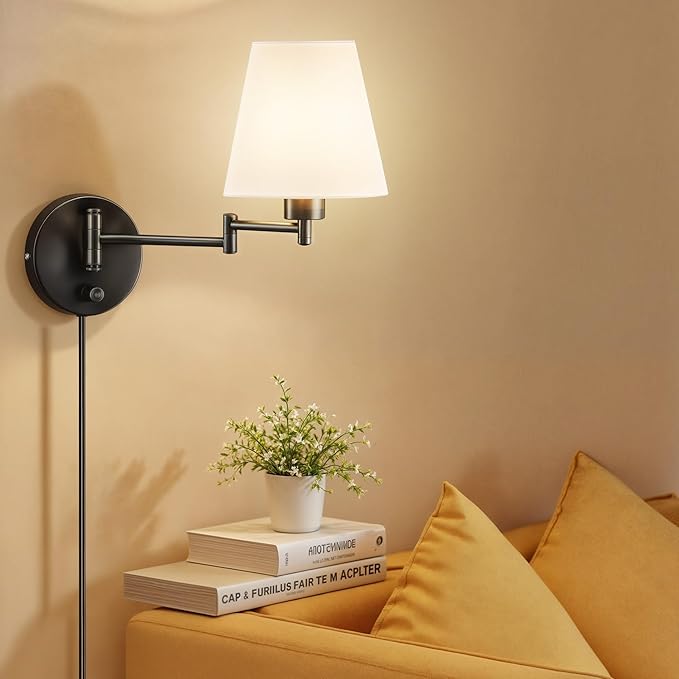 VONLUCE Modern Swing Arm Wall Mount Light Plug in, Corded Wall Lamps with White Fabric Shade, Black Metal Adjustable Wall Sconce, Wall Mount Lamp for Bedroom, Living Room, Bedside