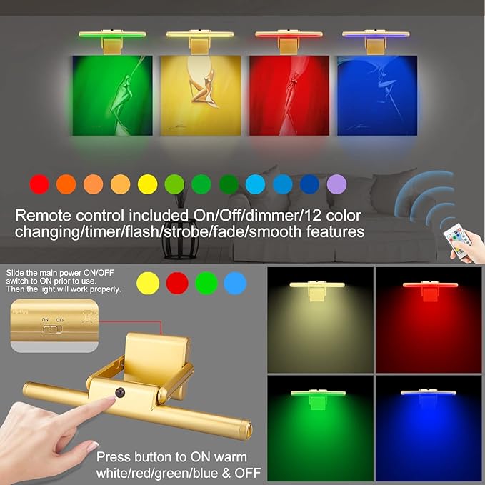 LUXSWAY Picture Lights with Rechargeable,Painting Light with Remote,12 Colors Changing Artwork Light with Swivel Light Head,10000mAh Display Light for Dart Board Poster Art Gallery