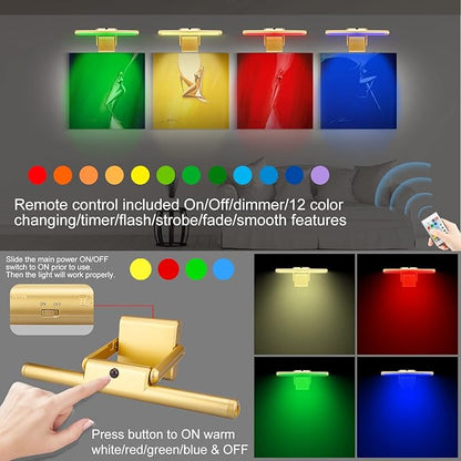 LUXSWAY Picture Lights with Rechargeable,Painting Light with Remote,12 Colors Changing Artwork Light with Swivel Light Head,10000mAh Display Light for Dart Board Poster Art Gallery