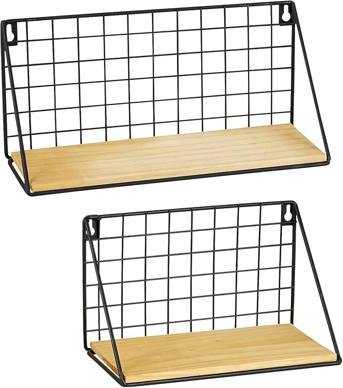 47th & Main Wooden Floating Wall Shelf, Set of 2, Natural/Black