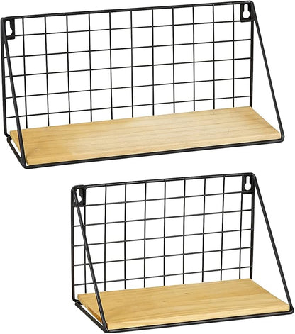 47th & Main Wooden Floating Wall Shelf, Set of 2, Natural/Black