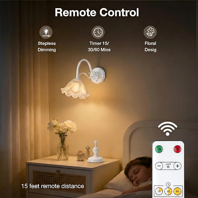 Battery Operated Cordless Flower Wall Sconce Set of 2 (White), Stepless Dimming Magnetic Wireless Wall Lamp, 5200mAh Rechargeable Battery, for Living Room Bedroom Hallway Corridor