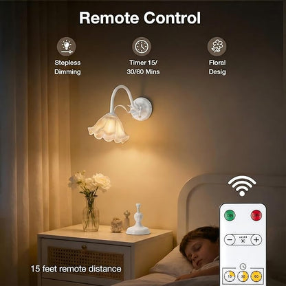 Battery Operated Cordless Flower Wall Sconce Set of 2 (White), Stepless Dimming Magnetic Wireless Wall Lamp, 5200mAh Rechargeable Battery, for Living Room Bedroom Hallway Corridor
