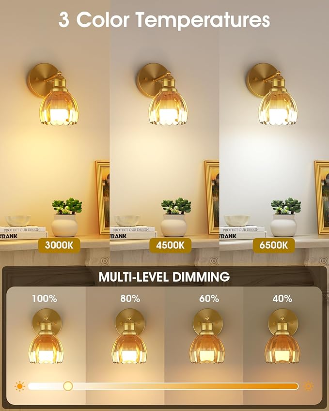 VOLISUN Vintage Battery Operated Wall Sconce,with Amber Tulip Glass Lampshade, Wireless Wall Sconce, Rechargeable Battery Powered Wall Light, Sconce Wall Decor for Bedroom Living Room