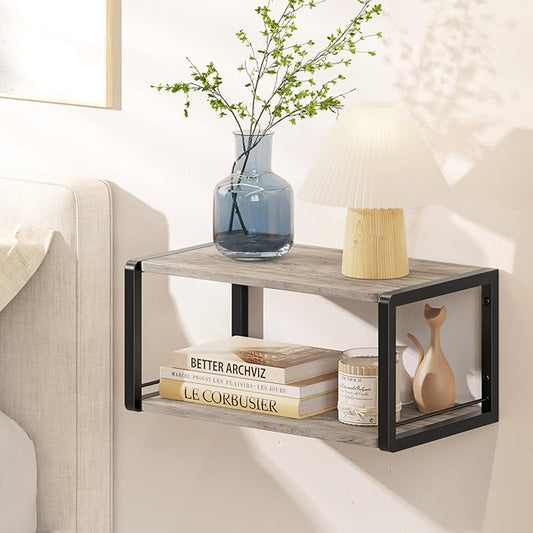 Floating Nightstand, Wood Bedside Shelf Wall Mounted Nightstand with Heavy-Duty Frame, Floating Bedside Table for Bedroom, Bathroom, Kitchen, (Vintage Grey, 1 Pack)