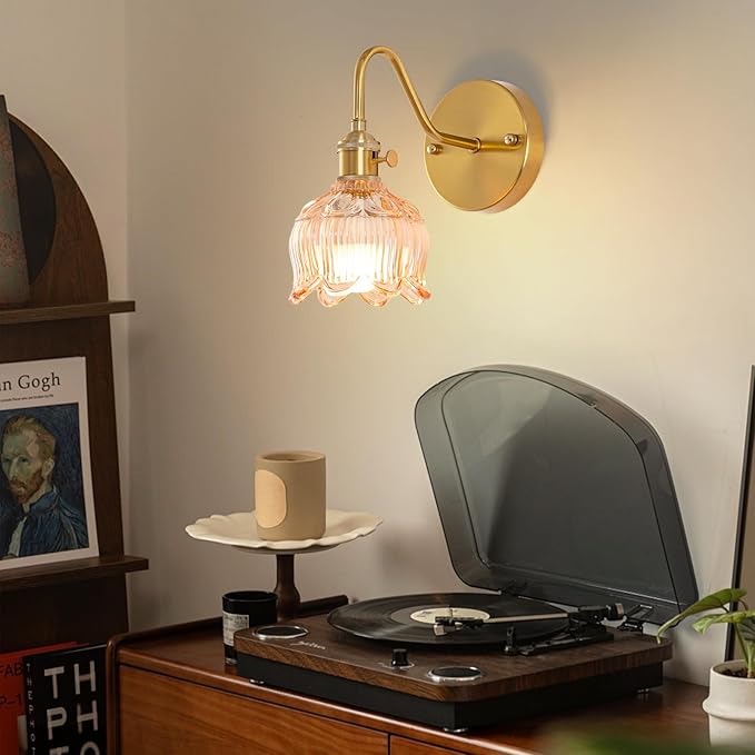 Vintage Battery Operated Wall Sconces Set of 2, Rechargeable Gold Wall Lamp with Remote Control, Amber Glass Lampshade Cordless Wall Sconce Fixtures for Bedroom, Living Room, Bedside