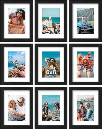 Vittanly 6x8 Picture Frames Set of 9, Shatter Resistant Plexiglass, Display 4x6 Pictures with Mat or 6x8 without Mat, Photo Frames for Wall or Tabletop, Engineered Wood, Black