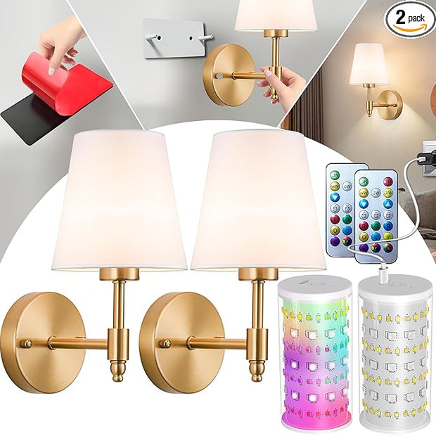 Peel and Stick Wall Sconces, Stick On Wall Sconce Set of 2, Battery Operated Wireless Wall Light, No Drill Adhesive Wall Lamp, Corn Bulb with 10000mAh Rechargeable Battery, Bedroom Wall Decor