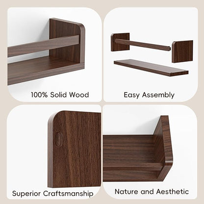 Floating Wall Nursery Book Shelves for Bedrooms Kids 16.5 Inch Walnut Color Wooden Baby Book Shelf for Kids Rooms Set of 3 Nursery Shelves for Wall Mounted Toddler Bookshelf