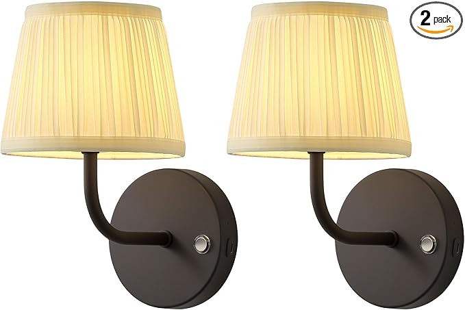 PUSU LED Cordless Black H9.6 inch Small Wall Sconces Set of 2, Rechargeable 5200mAh Battery Operated Fabric Wall Lamp with Remote, Lighting for Living Room, Bedroom, Hallway, Bathroom, Stairs, Kitchen